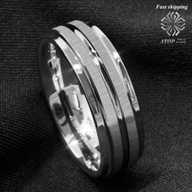 8Mm Silver men&#39;s Tungsten Carbide Ring Two Vertical Brushed Meteorite wedding  - £22.37 GBP