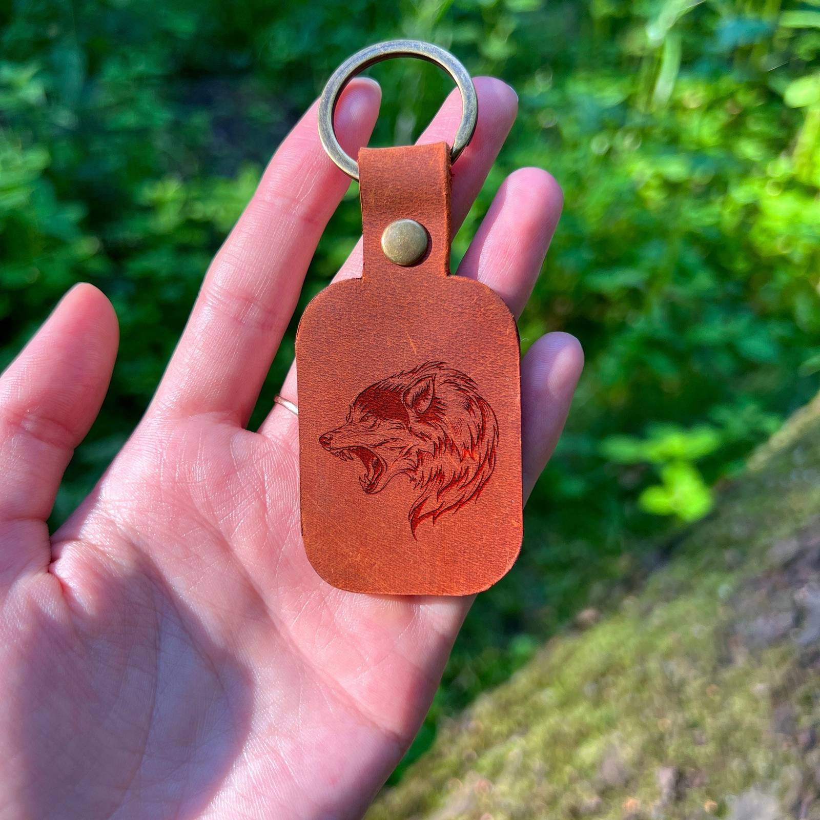 Primary image for Personalized Leather Keychain. Custom Wolf Keychain. Personalized Gift for Him