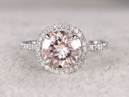 Round Morganite &amp; Sim Diamond Engagement &amp; Wedding Ring 14K White Gold Over  - £56.97 GBP