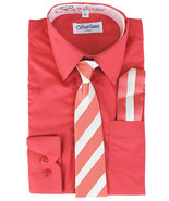 Berlioni Italy Kids Long Sleeve Coral Dress Shirt With Tie &amp; Hanky 6 w/ ... - $14.84