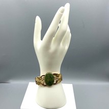 Vintage Jade Hinged Cuff Bracelet with Gold Tone Leaves, 1970s Clamper Statement - $101.59
