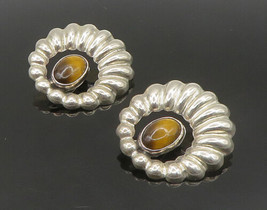 MEXICO 925 Sterling Silver - Vintage Tiger&#39;s Eye Fluted Drop Earrings - EG11476 - £104.52 GBP