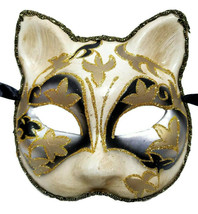 Venetian Cat Silver Black White Beige Paper Mache Masquerade Mardi Gras Mask - £10.27 GBP