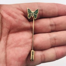 Gold Tone Green Enamel Butterfly Hat Pin Brooch 2 3/8&quot; Long - £7.60 GBP