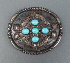 B. Grey Signed Navajo Vintage Sterling Silver Turquoise Belt Buckle 105.27 Gr - £959.04 GBP