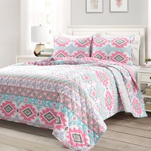 Full/Queen Southwest Style Polyester Pink Blue Striped Reversible Quilt Set - £167.12 GBP