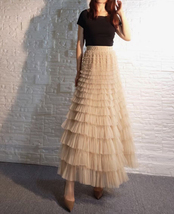 Champagne Layered Tulle Skirt Outfit Women Plus Size Long Tiered Tulle Skirt image 2