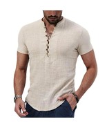 Short Sleeve Tshirt V Neck Button Cotton Linen Shirt Men&#39;s Casual Clothes - $19.00