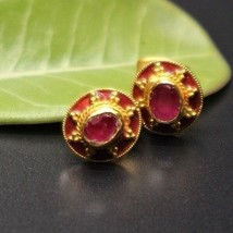 Ruby Stud Earring Stunning Pair Handmade Solid 22K Gold Stud Earring Red Enamel - £831.92 GBP