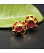 RUBY STUD EARRING STUNNING PAIR HANDMADE SOLID 22K GOLD STUD EARRING RED... - $1,428.13 CAD