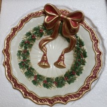 Fitz and Floyd Essentials Candy Bowl Holiday Wreath 9&quot; Gold Trim In Orig... - £23.73 GBP
