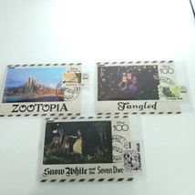 Zootopia Tangled Snow White 3 Card Fun Disney 100 Carnival Postcard &amp; Stamp Vary - £15.87 GBP