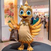 Gold Peacock mascot costume character dressed with a Jeans and Tote bags - $1,259.00