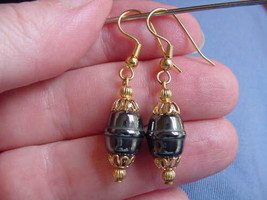 (EE-311) barrel Black hematite bead filigree gold cap wire dangle pair EARRINGS - £7.62 GBP