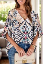 Printed Notched Half Sleeve Blouse - $24.74