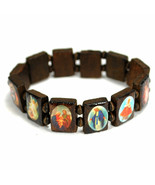 SAINT BEAD BRACELET Brown Wood Stretch Elasitc Religious Icon Jesus Ange... - $6.95