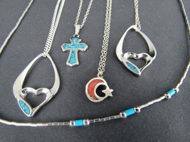 sterling silver turquoise coral necklace lot x5 925 cross moon heart crucifix - £66.55 GBP
