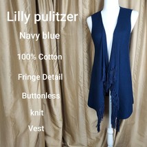 Lilly Pulitzer Navy Blue Cotton Knit Buttonless Fringe Detail Vest Size S - £26.07 GBP