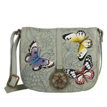 Anuschka Womens Hand-Painted Leather Saddle Crossbody Bag Butterfly Gard... - $74.83