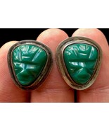 Carved GREEN ONYX Sterling Silver Screw back EARRINGS - MEXICO - $48.00