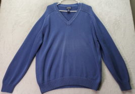 Lands&#39; End Sweater Men Large Blue Knit Cotton Long Raglan Sleeve V Neck Pullover - £14.47 GBP
