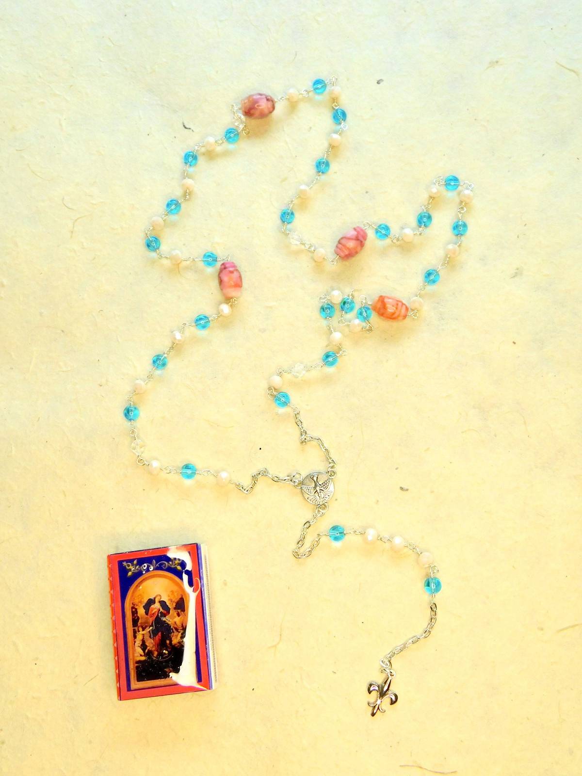 Holy Spirit Fleur de Lis Light Blue and Pink Rosary Prayer Beads 54 Beads - $27.27