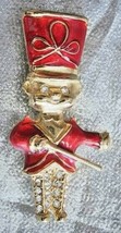 Crystal Rhinestone &amp; Enamel Drum Major Gold-tone Christmas Brooch 1980s 2 3/8&quot; - £10.35 GBP