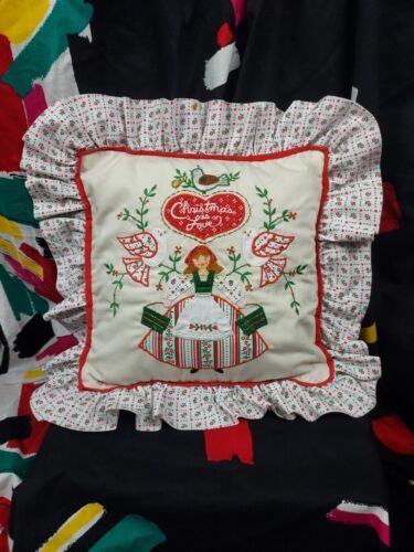 Primary image for 1970s CHRISTMAS IS LOVE Dutch Girl White Doves Embroidered Throw Pillow Kitschy