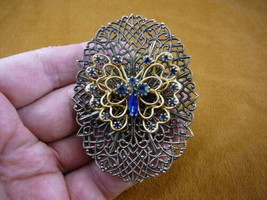 (br-197) filigree Butterfly love Blue rhinestones gold oval brass pin pendant - £25.46 GBP