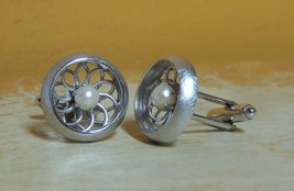 Vintage Pair Dante Cufflinks Cuff Links pinwheel brushed silver tone faux pearl - £7.20 GBP