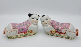 Vintage Pair 1940-50s Chinese Enameled Porcelain Boy &amp; Girl Pillow Figures  - £57.98 GBP