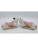 Vintage Pair 1940-50s Chinese Enameled Porcelain Boy &amp; Girl Pillow Figures  - £59.34 GBP