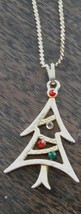 Pretty Gold Tone Christmas Tree Pendant, With Gold Tone Chain, Red/Green Stones - $7.91