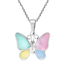 Tropical Soul Butterfly Inlaid Multi-Color Shell  .925 Sterling Silver Necklace - £17.08 GBP