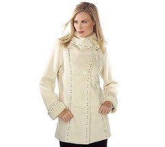 DENNIS BASSO White/Ivory Faux Shearling Shawl Collar Coat 3X Saddle Stitching EX - £55.27 GBP