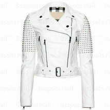 New Woman&#39;s White Silver Studded Punk Unique Quality Biker Leather Jacket-733 - £231.76 GBP