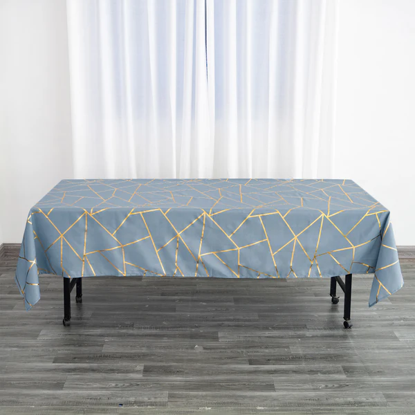 Dusty Blue - 60&quot;X102&quot; Tablecloth Polyester Rectangular Gold Foil Geometric - £23.63 GBP