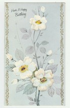 Vintage Birthday Card White Dogwood Flowers Glitter Pale Blue Background - £6.32 GBP