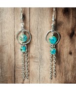 Dangle Earrings - 3&quot; Blue Crackled Glass, Silver Hoop, Chain Accents - H... - $90.28 MXN