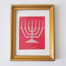 Finished Framed Cross Stitch Jewish Menorah Candle Holder Red &amp; White Go... - $19.77