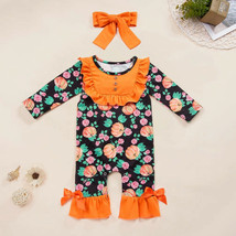 NEW Pumpkin Baby Girls Black Ruffle Romper Jumpsuit Headband Outfit Set - £5.17 GBP