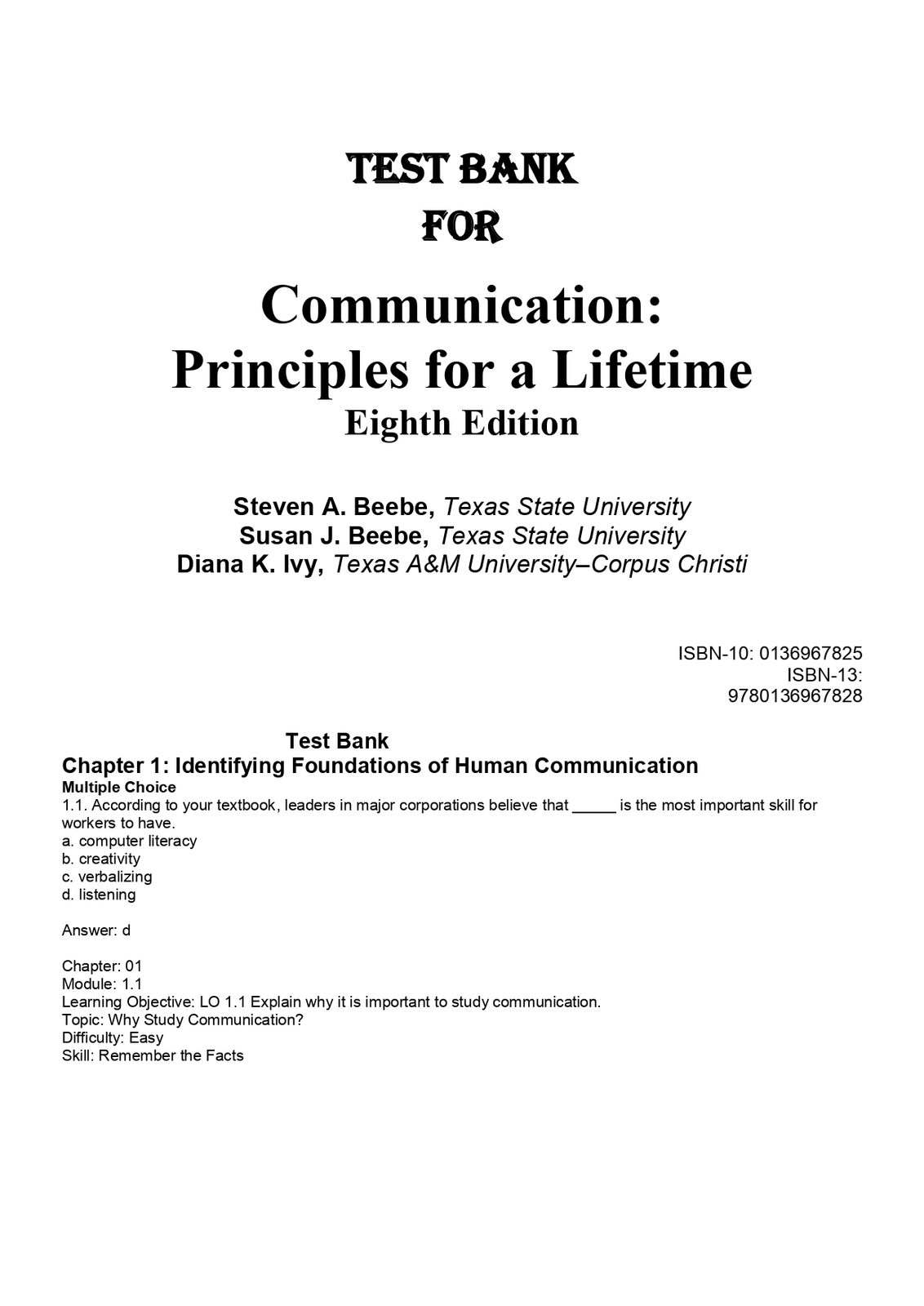 Test Bank For Communication Principles for a Lifetime, 8th Edition by St... - $17.99