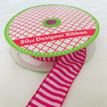 Roll Designer Ribbon 23+ Yards Candy Stripe Pink 1.5&quot; Wide Wired Edge on Spool - £19.10 GBP