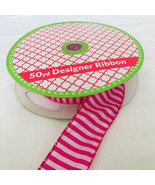 Roll Designer Ribbon 23+ Yards Candy Stripe Pink 1.5&quot; Wide Wired Edge on... - £18.93 GBP
