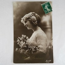 Young Woman &amp; Lily of the Valley Porte Bonheur Postcard RPPC France Post... - $7.76