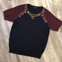 J Crew Jeweled Short Sleeve Alpaca Wool Blend Jewel Tone Sweater Top Size M - £19.41 GBP