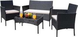 Patio Furniture 4 Pieces Conversation Sets Outdoor Wicker Rattan Chairs Garden B - £247.95 GBP