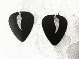 Black Guitar Pick with Silver Angel Wings Charms Dangling Picks Music Earrings - £6.44 GBP