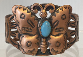 Solid Copper Cuff Bracelet Butterfly Turquoise Vintage 1.5” Wide Hand Tooled. - £41.78 GBP