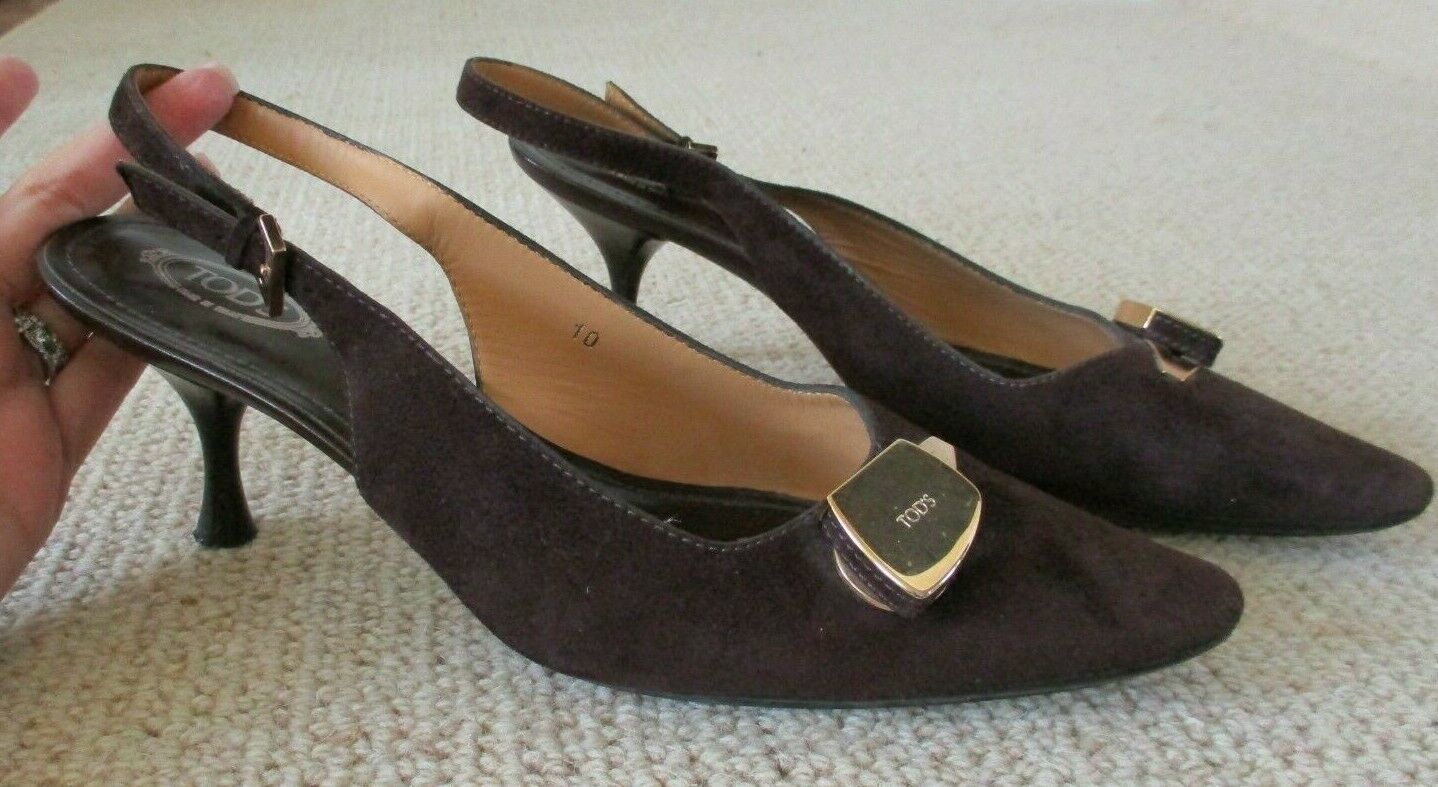 TOD&#39;S Plum Suede Slingbacks with Gold Decorative Detail at the Front - S... - $63.99